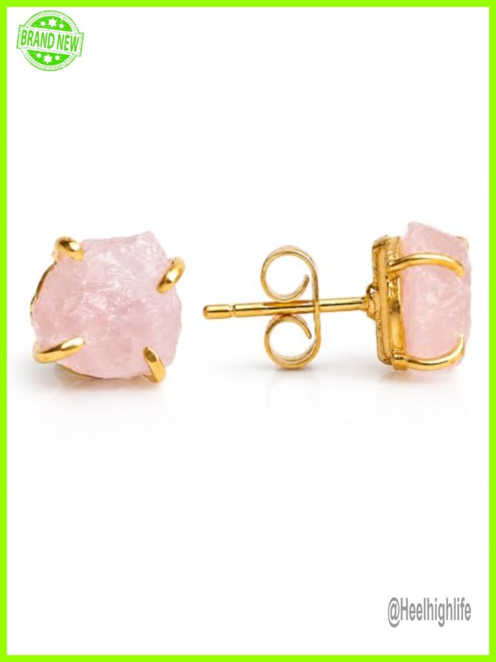 Raw Rose Quartz Stud Earrings 14k Gold Plated Prong Set Hypoallergenic